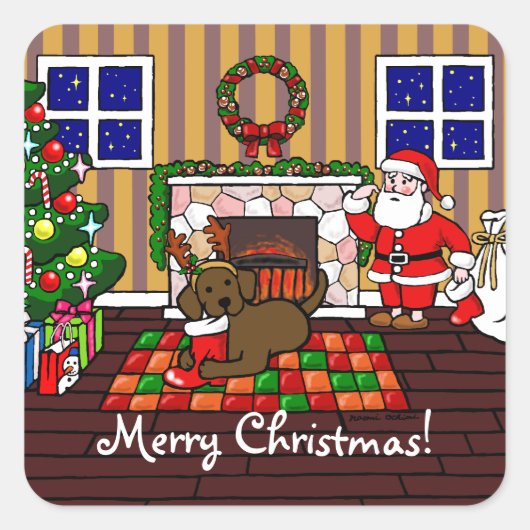Chocolade Labrador en kerstkerstkerstCartoon Vierkante Sticker (Voorkant)