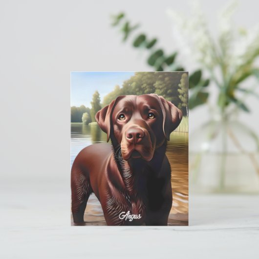 Chocolade Labrador en Lake Briefkaart (Staand voorkant)