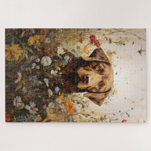 Chocolade Labrador en wilde bloemen Legpuzzel (Horizontaal)