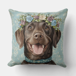 Chocolade Labrador Hond Blauwe Bloemen Kussen