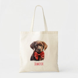 Chocolade Labrador Hond Dragen van een rode strik Tote Bag