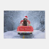 Chocolade Labrador Hond in Sneeuw zittend Kerstmis Deurmat (Voorkant)