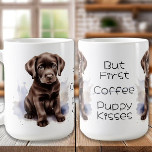 Chocolade labrador hond maar eerste puppy kussen koffiemok
