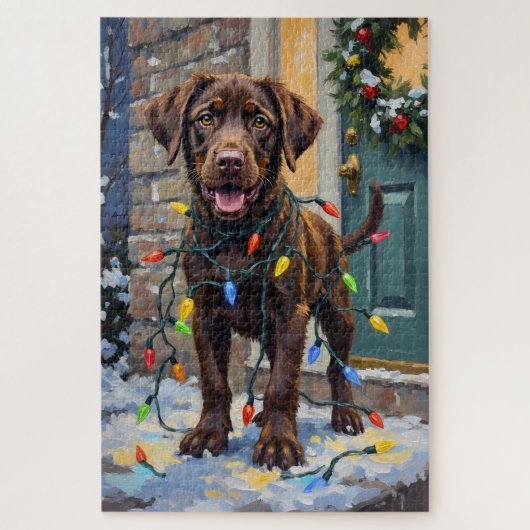 Chocolade Labrador in de knoop met kerstverlichtin Legpuzzel (Verticaal)