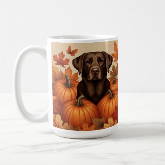 Chocolade Labrador in herfstsetting met pompoenen Koffiemok (Links)