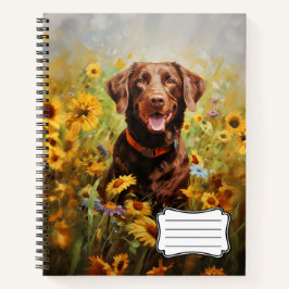 Chocolade labrador in zonnebloemen notitieboek