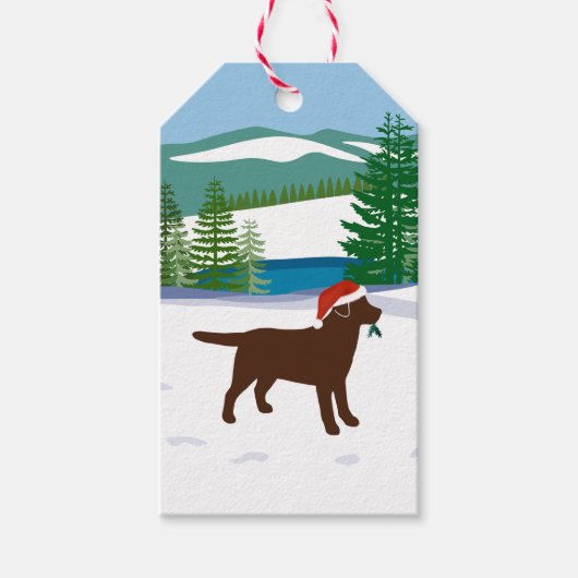 Chocolade Labrador KerstEvergreen Santa Hat Cadeaulabel (Voorkant)
