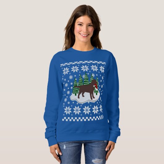 Chocolade Labrador-kerstEvergreen Snowflakes Trui (Voorkant volledig)