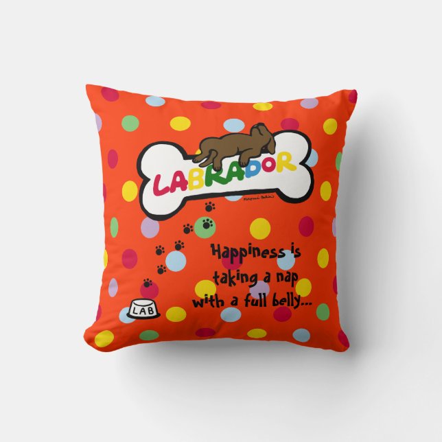 Chocolade Labrador met een volle buikCartoon Kussen (Voorkant)