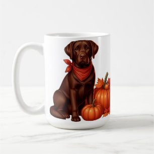 Chocolade Labrador met rode bandana bij pompoenen Koffiemok