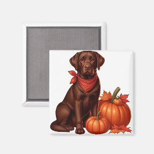 Chocolade Labrador met rode bandana bij pompoenen Magneet