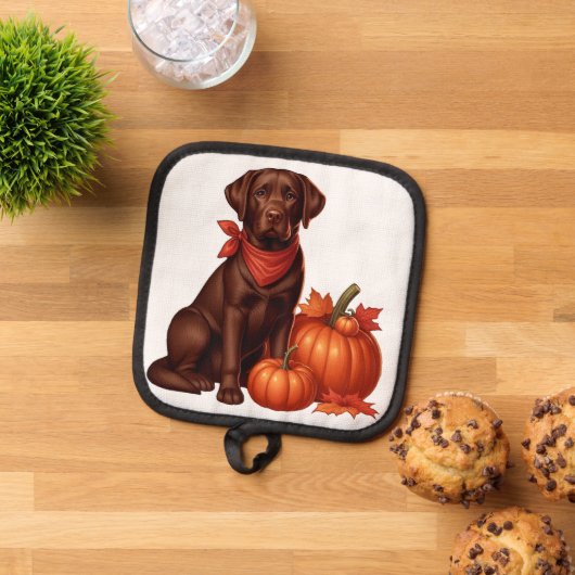 Chocolade labrador met rode bandana door pompoenen pannenlap (Top down)