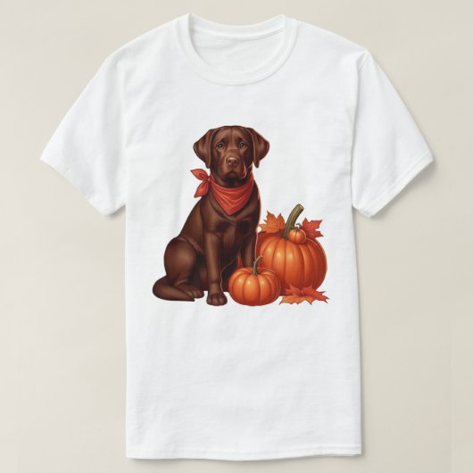 Chocolade labrador met rode bandana door pompoenen t-shirt (Design voorkant)