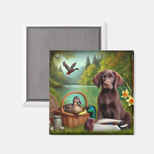 Chocolade Labrador Puppy bij een meer met eenden Magneet (Voorkant / Achterkant)