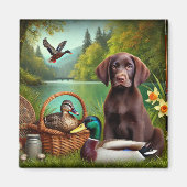 Chocolade Labrador Puppy bij een meer met eenden Magneet (Voorkant)