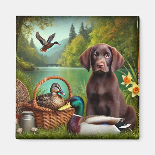 Chocolade Labrador Puppy bij een meer met eenden Magneet (Voorkant)