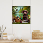 Chocolade Labrador Puppy bij een meer met eenden Poster (Keuken)