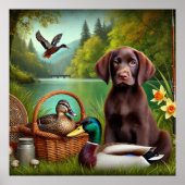 Chocolade Labrador Puppy bij een meer met eenden Poster (Voorkant)