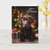 Chocolade Labrador Puppy Dog Kerst Kaart (Gele Bloem)