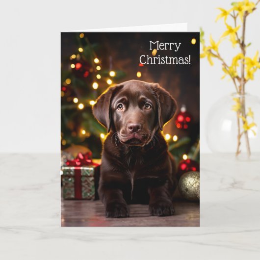 Chocolade Labrador Puppy Dog Kerst Kaart (Gele Bloem)