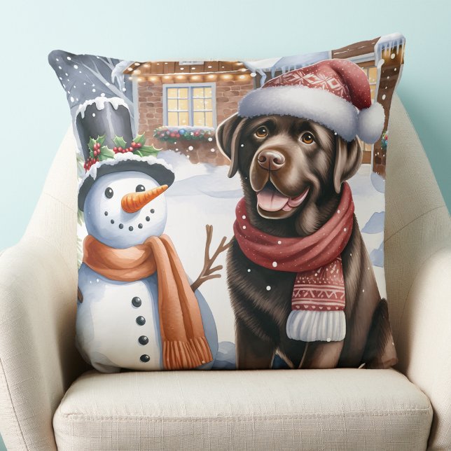 Chocolade Labrador Puppy Dog Sneeuwman Kerstmis Kussen (Creator heeft geüpload)