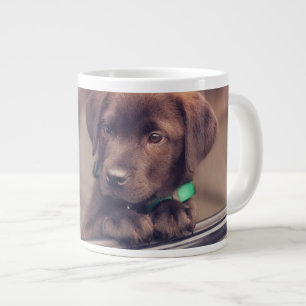 chocolade labrador puppy in auto grote koffiekop