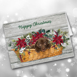Chocolade Labrador Puppy in mandje kerstkaart