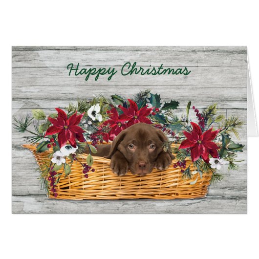 Chocolade Labrador Puppy in mandje kerstkaart (Voorkant Horizontaal)