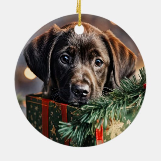 Chocolade Labrador Puppy Kerstmis Keramisch Ornament (Achterkant)