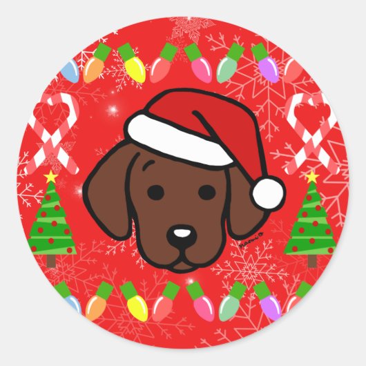 Chocolade Labrador Puppy Kerstpatroon Ronde Sticker (Voorkant)