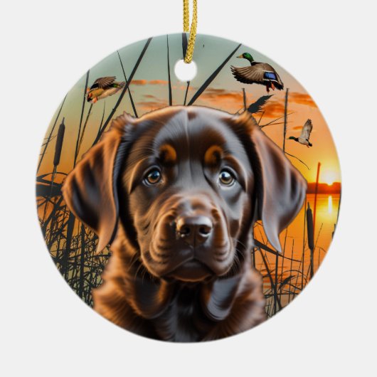 Chocolade Labrador Puppy Kerstversiering Keramisch Ornament (Voorkant)