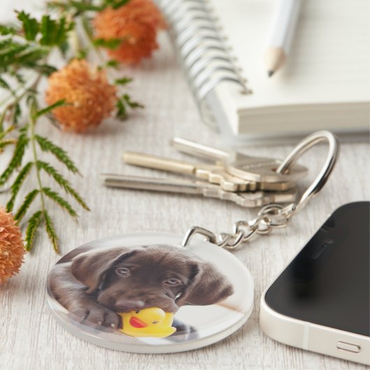 Chocolade Labrador Puppy met Speelgoed Duck Sleutelhanger (Voorkant Rechts)