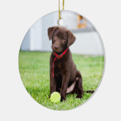 chocolade labrador puppy met tennisbal keramisch ornament (Links)