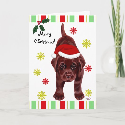 Chocolade Labrador Puppy & Santa Hoed Kerstmis Feestdagen Kaart (Voorkant)