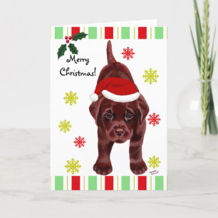 Chocolade Labrador Puppy & Santa Hoed Kerstmis Feestdagen Kaart