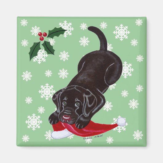 Chocolade Labrador Puppy & Santa Hoed Kerstmis Magneet (Voorkant)