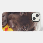 Chocolade Labrador Puppy with Speelgoed Duck iPhone Hoesje (Achterkant horizontaal)