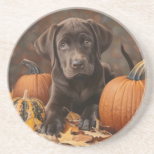 Chocolade Labrador Retriever Herfst Ronde Onderzet Zandsteen Onderzetter (Voorkant)