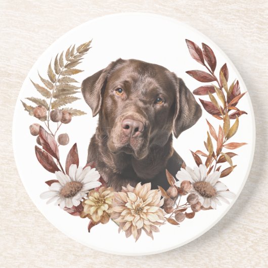 Chocolade Labrador Retriever Herfstkrans Zandsteen Onderzetter (Voorkant)
