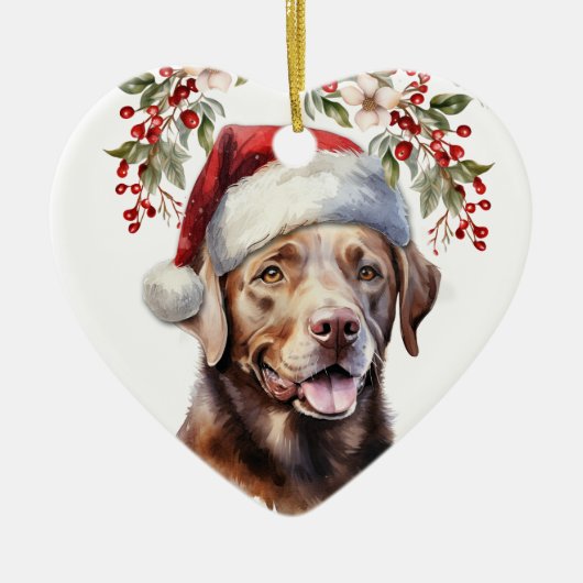 Chocolade Labrador Retriever Hond Holly krans Keramisch Ornament (Voorkant)
