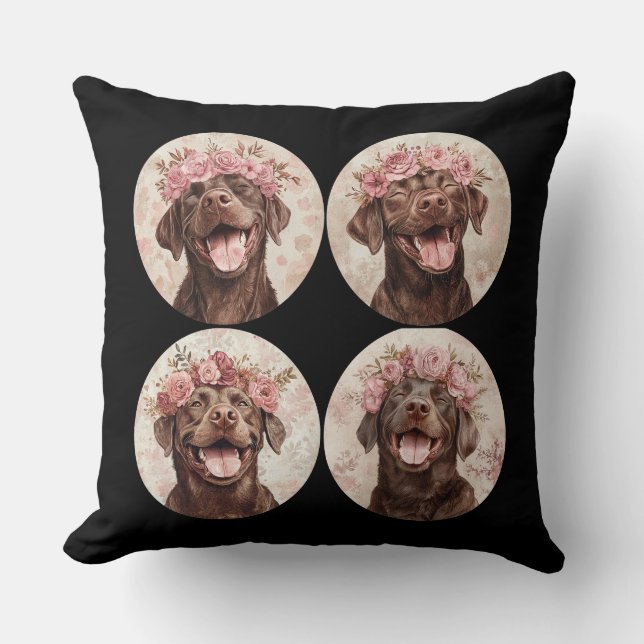 Chocolade Labrador Retriever Hond Roze Bloemen Kussen (Voorkant)
