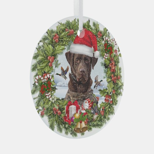 Chocolade Labrador Retriever, Kerstkrans Glas Ornament (Voorkant Rechts)