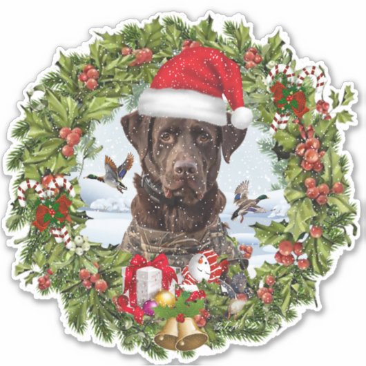 Chocolade Labrador Retriever, Kerstkrans Sticker (Voorkant)