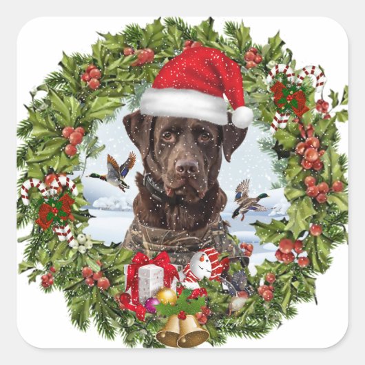 Chocolade Labrador Retriever, Kerstkrans Vierkante Sticker (Voorkant)