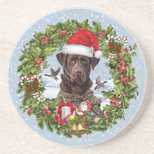 Chocolade Labrador Retriever, Kerstkrans Zandsteen Onderzetter (Voorkant)