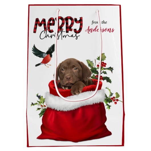 Chocolade Labrador Retriever Puppy Dog Kerstmis Medium Cadeauzakje (Achterkant)