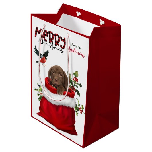 Chocolade Labrador Retriever Puppy Dog Kerstmis Medium Cadeauzakje (Achterkant Gekanteld)