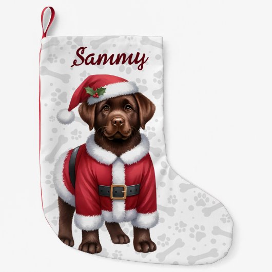 Chocolade Labrador Retriever Santa Puppy Dog Kleine Kerstsok (Voorkant)