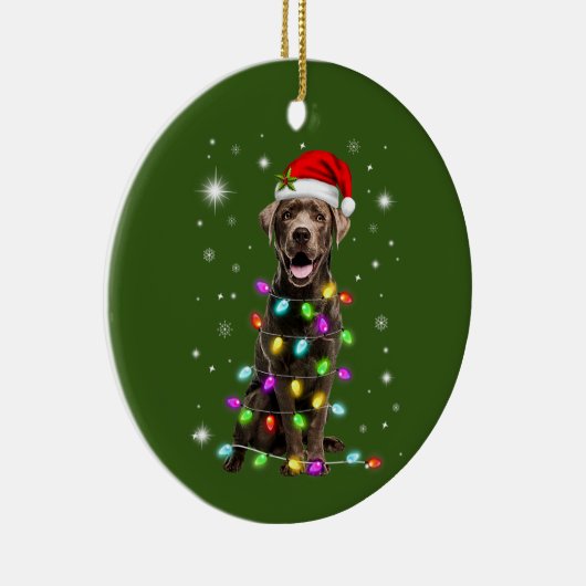 Chocolade Labrador Santa Hat-kerstfeestdag lichte Keramisch Ornament (Rechts)