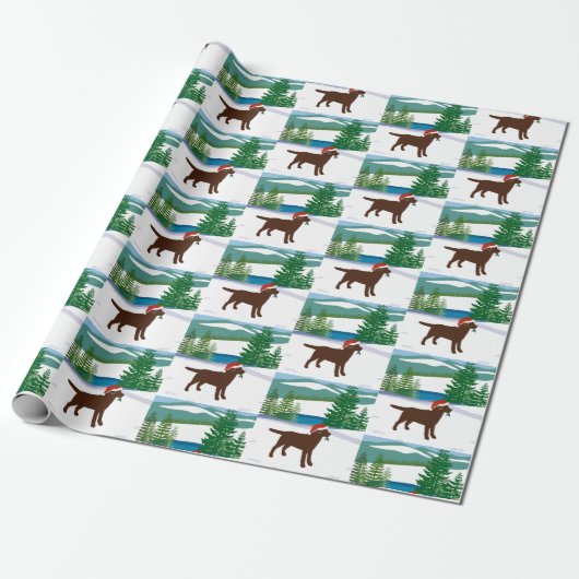 Chocolade Labrador Uitzicht voor kerstwinter Cadeaupapier (Uitgerold)